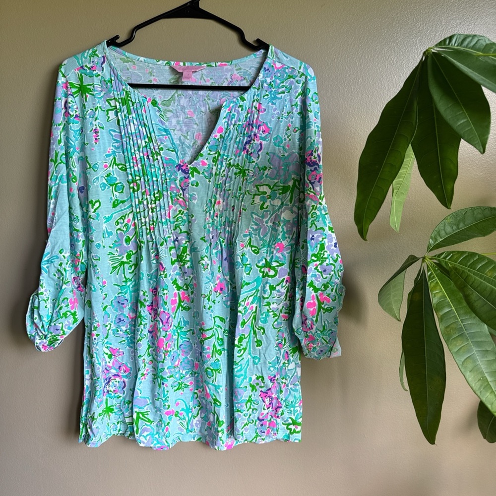 Lilly Pulitzer Aqua and Pink Floral Blouse Southern Charm